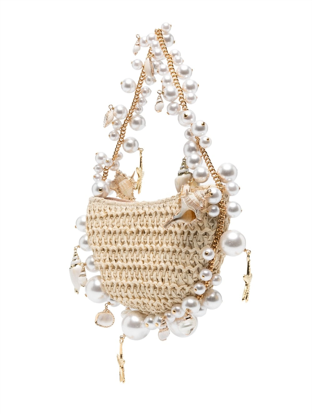 Elegante Strohtasche mit Perlen- und Goldakzenten