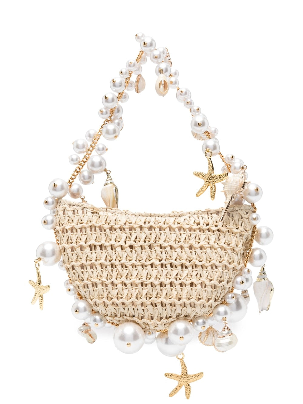 Elegante Strohtasche mit Perlen- und Goldakzenten