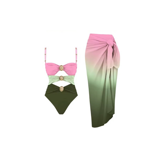 Bikini-Set mit passendem Kleid und goldene Details