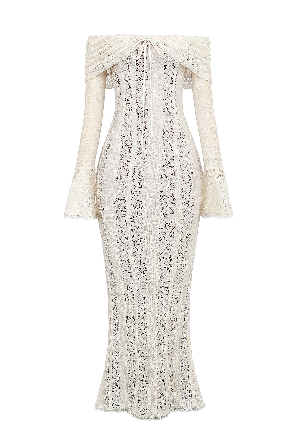 Langes Spitzenkleid mit Off-Shoulder-Design und langen Ärmeln