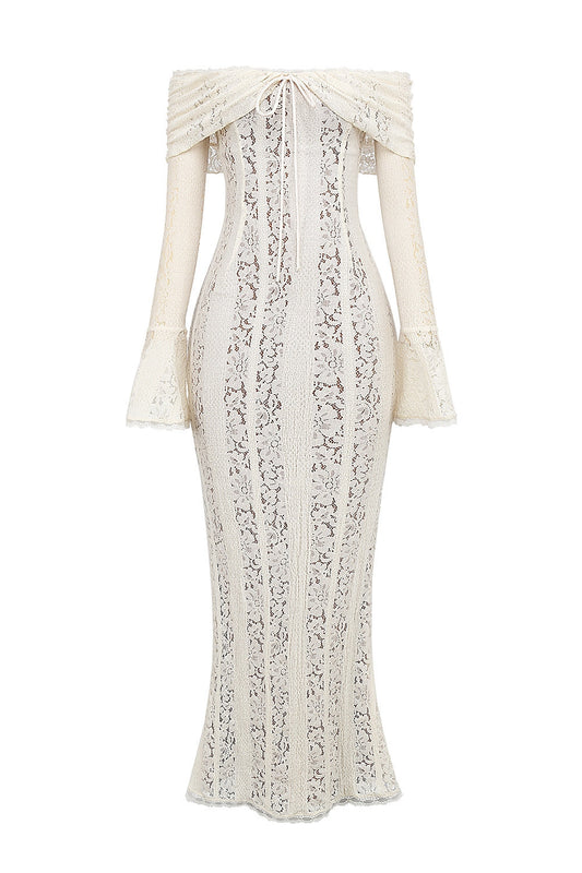 Langes Spitzenkleid mit Off-Shoulder-Design und langen Ärmeln