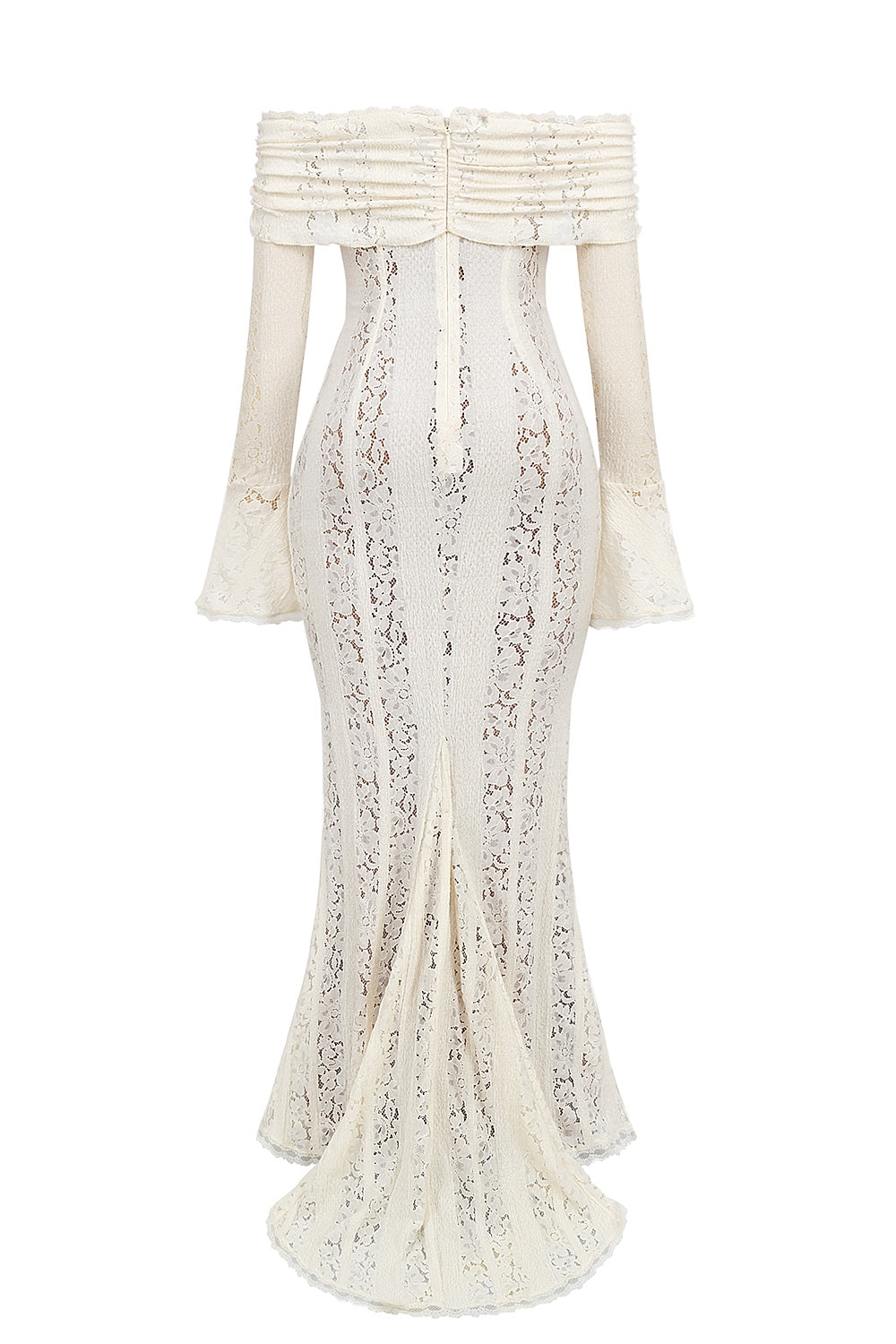 Langes Spitzenkleid mit Off-Shoulder-Design und langen Ärmeln